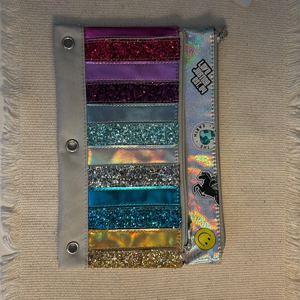 Justice Colorful Glitter Pencil Case 2 zip pouches. Back to School! 🍎 NWT